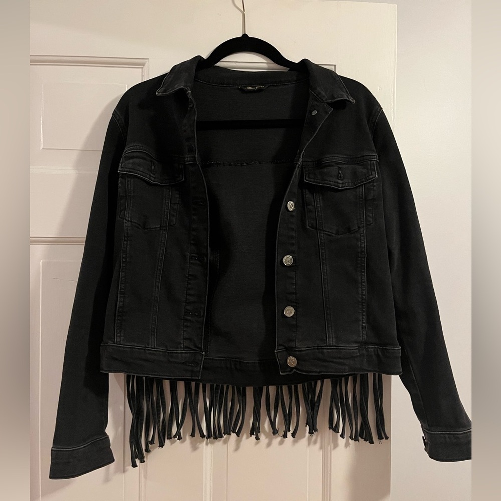 Lightly Worn Black Fringe Denim Jacket in size XS